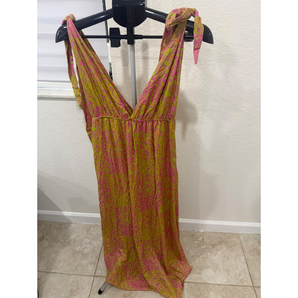 Maaji Womens M Floral Maxi Dress Pink Green Tie Shoulder V Neck Plunge Resort